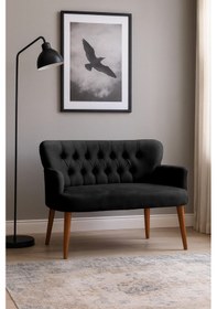 Resim Roma Modern İkili Koltuk - Babyface Kumaş - Ahşap Ceviz Renk Ayak - Siyah Siyah 