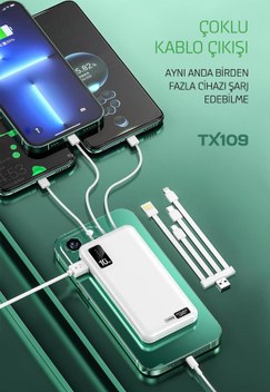Powerway Tx108 10.000 Mah Siyah Göstergeli Ekstra Kablolu 4 Çıkışlı Powerbank