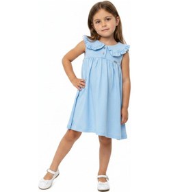 Resim Toontoy Kids Toontoy Kız Çocuk Regular Fit Bebe Yaka Düğmeli Kısa Kollu Elbise 25049 Mavi 