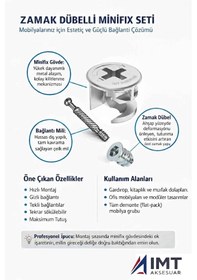 Resim İmt Aksesuar Zamak Metal Dübelli Minifix Gövde Mil Ve Dübel Seti - Mobilya Ve Dolap Bağlantı Elemanı 30 Takım Metalik 