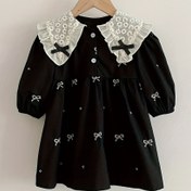 Resim Kızlar için İlkbahar/Sonbahar Kore Tarzı Çiçek Nakışlı Dantel Detaylı Kelebek Yaka Uzun Kollu Elbise - Bol Kesim Esnek Olmayan Kumaş, Bej Renkli Beyaz Çiçek Desenleri, Günlük Geziler İçin Mükemmel, Kızlar İçin Sevimli Elbiseler, Günlük Çocuk Giyimleri, Zarif Dantel Detayları, Yumuşak Dokulu Kumaş 