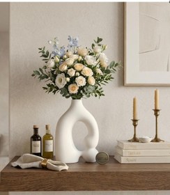 Resim Etnik Desen Dekoratif Vazo Seramik Şık Vazo El Yapımı Özel Seri 30 Cm Beyaz 