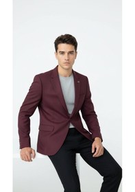 Resim Plus Scorpion Bordo Erkek Tek Düğmeli Blazer Ceket Dokulu Kumaş, Çift Yırtmaçlı Şık Tasarım Bordo 