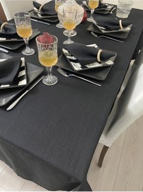 Resim Keten Görünümlü Simli Begonvil Masa Örtüsü Siyah 13 Parça 