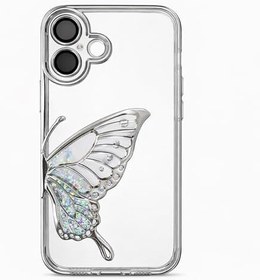 Resim Coverzone iPhone 17 ile Uyumlu 3D Kelebekli Sıvılı Simli Şeffaf Gümüş Çerceve LunaFlow Telefon Kılıfı Kamera Lens Korumalı Lüks Parlak Koruyucu Kapak 