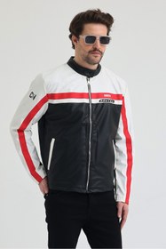 Resim CHOS7N Erkek Deri Ceket Mont Fermuarlı Şeritli - Spor & Günlük Stil Beyaz 