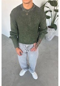Resim Haki Acid Wash Fitilli Oversize Triko Kazak Haki 