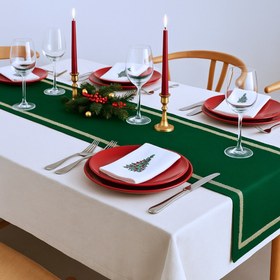 Resim Veloura Leke Tutmaz Nakışlı Keten Runner Yeşil 50x150 cm - 50x150 cm 