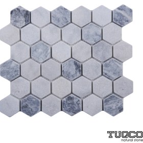 Resim Tuqco 2’’ Hexagon Muğla Beyazı - Gümüş Eskitme Mermer Mozaik 