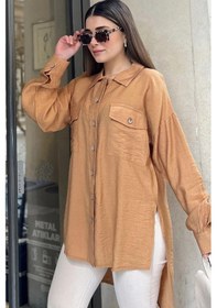 Resim WeShaya Kadın Taba Balon Kol, Pileli, Yırtmaçlı, Oversize, Keten Tunik Gömlek Bej 