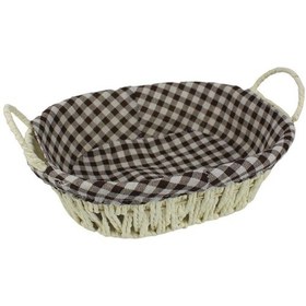 Resim Hasır Rattan Ekmeklik Ekmek Sepeti Oval Ekose Kumaş Krem 
