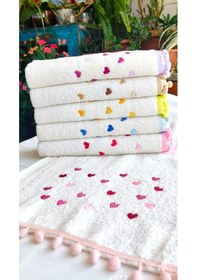 Resim Annem 30x50 Cm. Çeyizlik 6'lı Set Kalp Nakışlı Ponponlu Bukle Lüks Havlu Seti Çok Renkli 