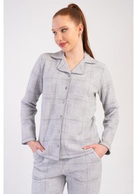 Resim Yake Store Kadın Jakarlı Interlok Gomlek Yaka Tamamı Dugmelı Krosetalı Uzun Kol Ceplı Pıjama Takım - Gray Gri 