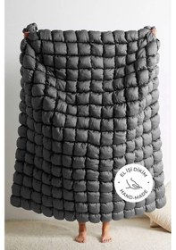 Resim Evlen Home Yatak Örtüsü Seti Çift Kişilik El İşi Günlük Pamuklu Dolgulu Yorgan Uyku Takımı Puff 3 Parça Antrasit 