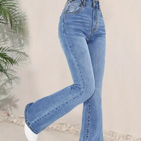 Resim Kadınların Şık Yüksek Bel Esnek Paça Pantolonu, Modaya Uygun Mavi Sıyrık Detaylı Çan Paça Kot Pantolon 