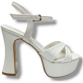 Resim Defne 787-26 Sedef Beyazı Çapraz Aynalı 30mm Platform Topuk Kadın Sandalet 12cm Krem 