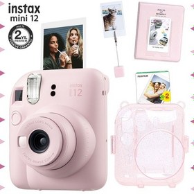 Resim Fujifilm Instax Mini 12 Fotoğraf Makinesi + 20'li Film + Kıskaçlı Stand + pvc Albüm + Simli Pleksi Kılıf Seti Pembe 