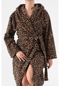 Resim Soley Panthera %100 Pamuk Kadın / Erkek Bornoz Unisex Leopar Baskılı - Kahve Biyeli 