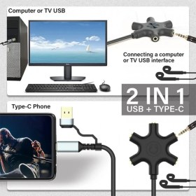 Resim Leonpro USB A Type C Ses Kartı ve 5 Port Kulaklık Çoklayıcı Dağıtıcı Splitter 