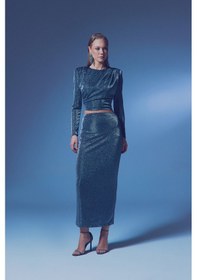Resim Sateen Simli Midi Etek - Antrasit-135383 Antrasit 