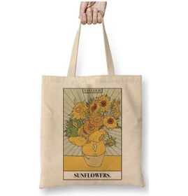 Resim Toyaso Van Gogh Sunflowers Beyaz Bez Çanta Uzun Saplı Alışveriş Çantası Plaj Çantası Beyaz 