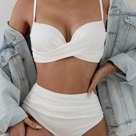 Resim Yaz Plaj Beyaz Çapraz Katlama Bikini Seti, Çelik Halka Desteği ile Seksi Yüksek Esneklikli Düz Renk Tasarımı, ANGLANNIS 