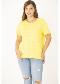 Resim Kadın Büyük Beden Kemik Bisiklet Yakalı Kendinden Desenli Bluz 65n36933-sarı Sarı 