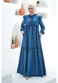 Resim Neways 6595 - Fırfırlı Liyosel Elbise Koyu Mavi 