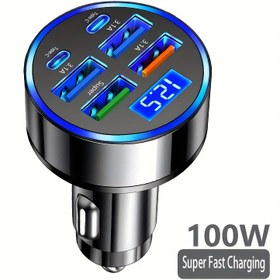 Resim Çok Fonksiyonlu Araç Şarj Cihazı, Dijital Ekranlı, 6'sı 1 Arada, 4 USB + 2 Tip-C Portu, -3.1A Hızlı Şarj, Araç İçi Fişli Şarj Aleti 