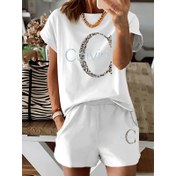 Resim Kadın Calvin Baskılı Rahat T-Shirt ve Şort Seti - Mor, Yuvarlak Yaka, Kısa Kollu, Yüksek Bel, Polyester, Yazlık Kıyafet, Rahat Giyim|Oyunca Baskılı Üst|Polyester Kumaş 