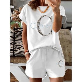 Resim Kadın Calvin Baskılı Rahat T-Shirt ve Şort Seti - Mor, Yuvarlak Yaka, Kısa Kollu, Yüksek Bel, Polyester, Yazlık Kıyafet, Rahat Giyim|Oyunca Baskılı Üst|Polyester Kumaş 