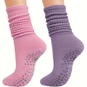 Resim 2 Çift Kadınlar İçin Kaymaz Yoga Çorapları - Ayarlanabilir Uzunluk, Nefes Alabilen Kumaş, Pilates, Fitness ve İç Mekan Aktiviteleri İçin Kaymaz Tasarım, Katı Pembe ve Mor, Yoga Aksesuarları, Egzersiz Gereksinimleri, Minimalist Çorap Tasarımı, Yastıklı Konfor 