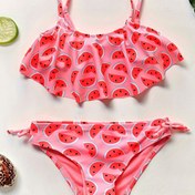 Resim Havuz Partisi Için Sevimli Karpuz Desenli Bikini Takımı, Kızlar İki Parçalı Volanlı Mayo Takımı 