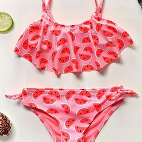 Resim Havuz Partisi Için Sevimli Karpuz Desenli Bikini Takımı, Kızlar İki Parçalı Volanlı Mayo Takımı 