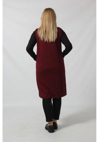Resim Moda Berray Deri Cep Detaylı Uzun Triko Yelek Bordo 