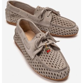 Resim Luvishoes Stevo Bej Süet Hakiki Deri Delikli Bağcıklı Kadın Loafer Ayakkabı 