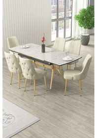 Resim Canisa Nis Serisi 89x150 Açılabilir Lak Panel Beyaz Mermer Desen Masa Takımı 6 Krem Sandalye Beyaz Mermer Desen Masa Sandalyeler Krem 