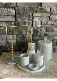 Resim Gri Doğal Mermer Gold Zeytin Dalı Aksesuarlı 9,lu Banyo Seti Beyaz 