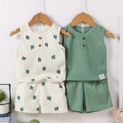 Resim 4 parçalı yeni yaz çocuk giyim seti, kaktüs baskılı ve düz waffle desenli yuvarlak yaka yelek + pantolon rahat moda seti 