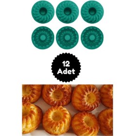 Resim Yeşil 12'li Silikon Mini Kek Kalıbı - Muffin Kalıbı 12 Adet Göbekli Kek Kalıbı Silikon Yeşil Diğer 