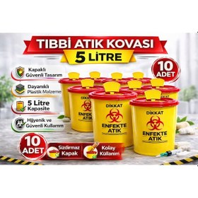 Resim Atık Kovası 5 Litre 10 Adet Kapaklı Atık Kutusu Enfekte Atık Kovası 
