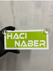 Resim Yeşil Renk Üzeri Beyaz Renk Hacı Naber Yazılı Vantuzlu Cam Süsü 