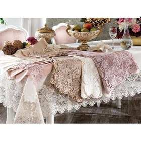Resim Fransız Güpürlü Yakut Masa Örtüsü Takımı 26 Parça Ekru Altın 