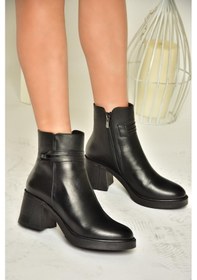 Resim Fox Shoes T555451403 Siyah Hakiki Deri Kalın Topuklu Kadın Bot Siyah 