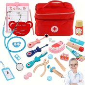 Resim 26 adet gençlerin ahşap doktor rol yapma tıbbi oyuncak seti, ahşap doktor rol yapma oyuncak seti, gençlerin simülasyon interaktif oyuncak seti, gençler için ideal oyuncak hediyesi 