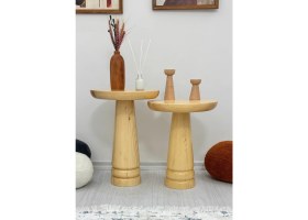 Resim Aselya Home Doğal Ahşap 2'li Set Mantar Yan Sehpa Modern Fiskos Zigon Çiçeklik 