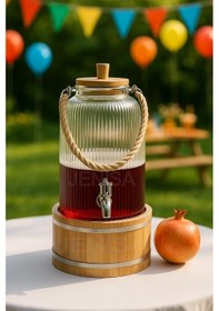 Resim 3 Lt Ahşap Standlı Cam İçecek Sebili Musluklu Şerbetlik Sunumluk Halat Saplı İçecek Dispenseri 