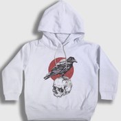 Resim Unisex Çocuk Beyaz Skull Crow Karga Kapüşonlu Sweatshirt 