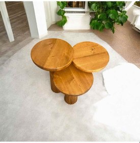 Resim Ahşap Mantar Sehpa 3 Lü Set Tik Ağacı Renk Masif Zigon Ve Fiskos Sehpa Takımı Tik Ağacı 