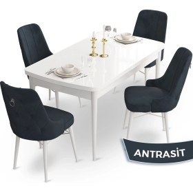 Resim Canisa Concept Taç Serisi, 80 X 132 cm Açılabilir Beyaz Mutfak Masa Takımı, 4 Sandalye Gümüş Halkalı 